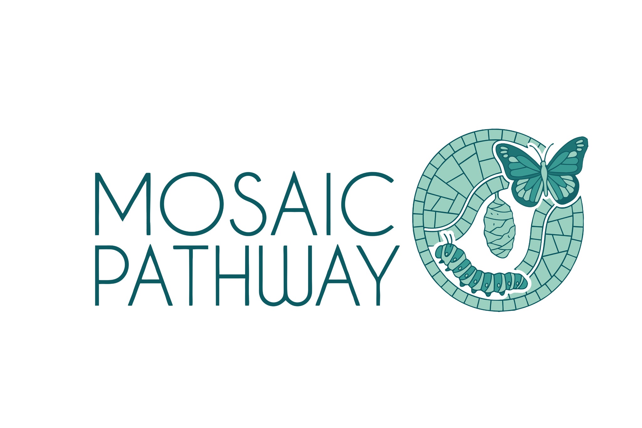 Mosaic Pathway logo with a caterpillar, cocoon and butterfly within a teal mosaic.