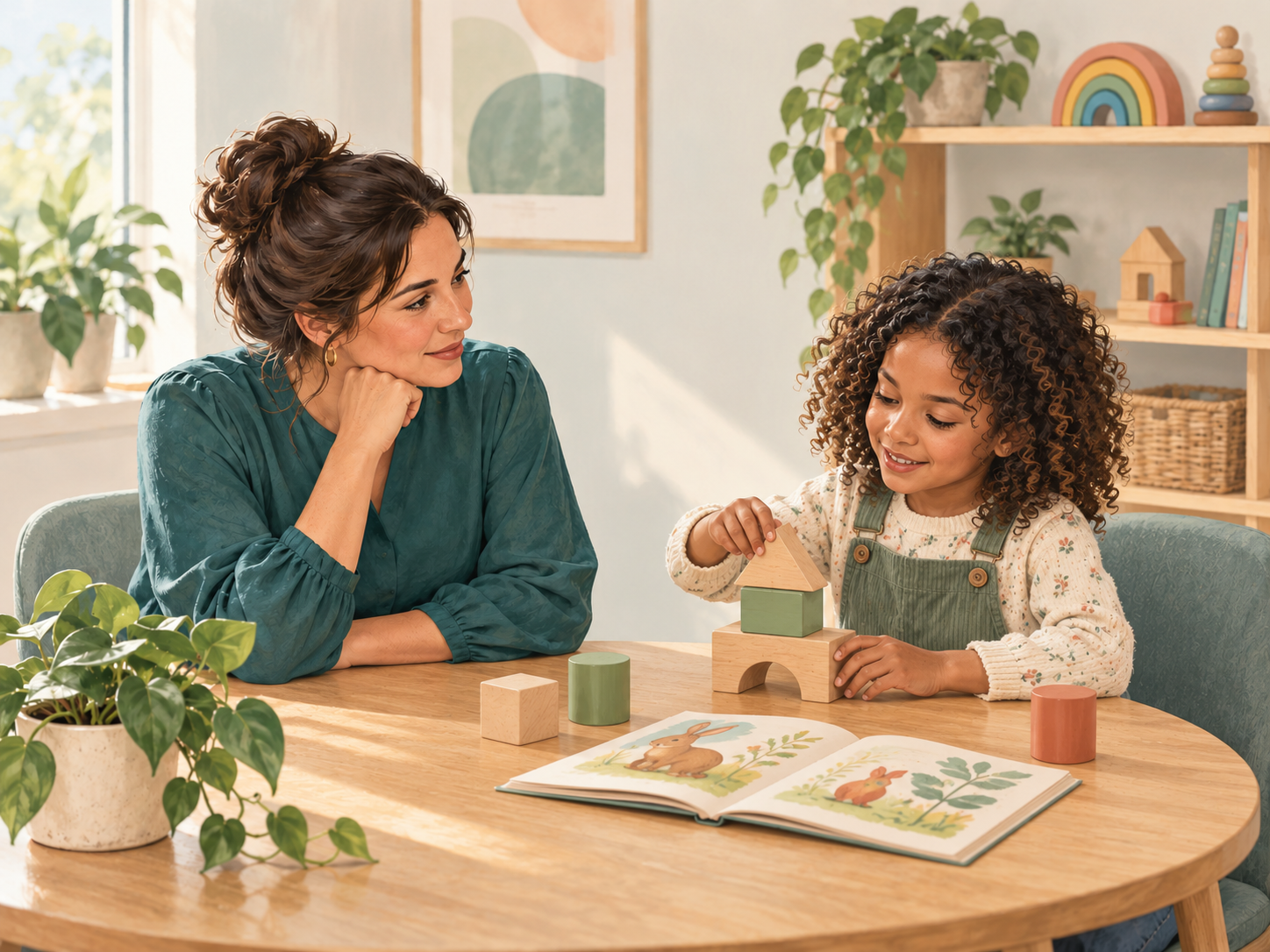 Illustration of a teacher supporting a child with wooden blocks and a picture book in a calm, welcoming room.